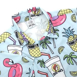 Bucees Shirt Mens S Blue Button Up Hawaiian Tiki AOP Pineapple‎ Flamingo